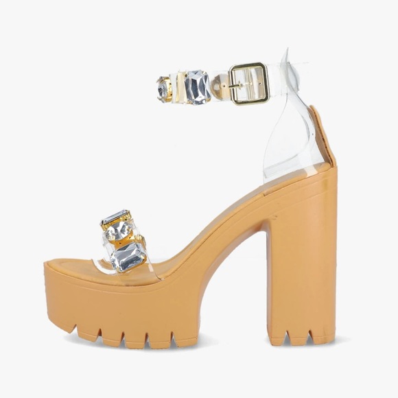 Tan Clear Large Gem Detailing Platform Heels - Picture 6 of 10